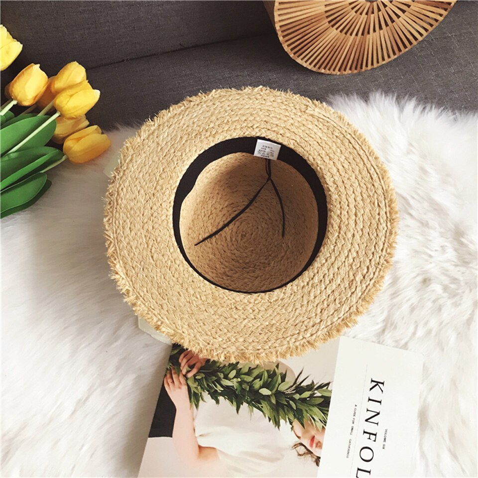 Kvinnor sommar strand raffia solhatt med band rosett raffiahatt temperament platta stråhattar dam båtägare solhatt raffia solhatt