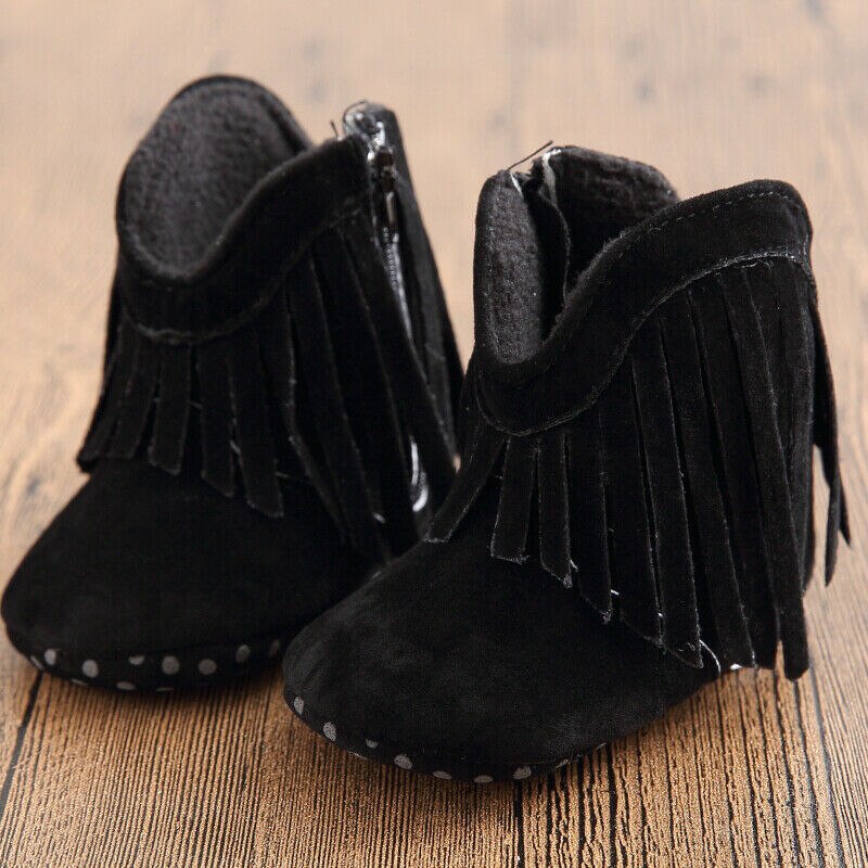 Pasgeboren Baby Baby Meisje Zachte Zool Laarzen Kwasten Mocassins Crib Schoenen Schattige Baby Meisje Schoenen: Black / 0-6 months