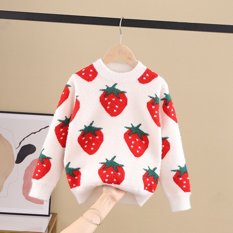 arrived winter Children sweater Girl strawberry clothes kids baby Knitted coat 3-11year students: White / 110