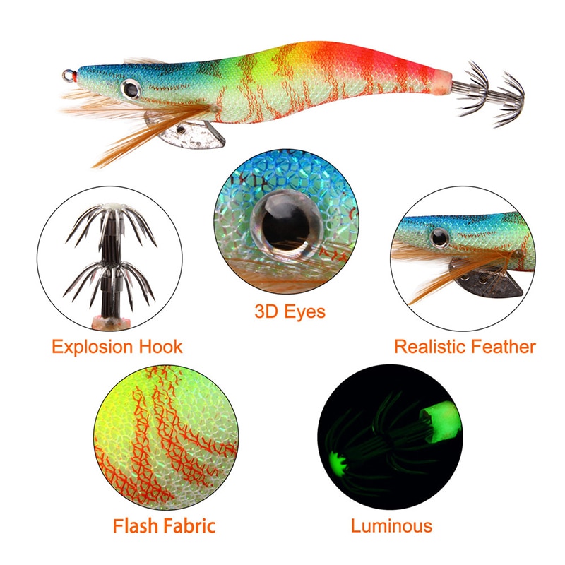 Appât artificiel pour la pêche, leurre pour attraper des poissons tels que des calamars, des crevettes, des gabarits, des poulpes, avec yeux 3D, lumineux, , 10 unités, 12g – 21g