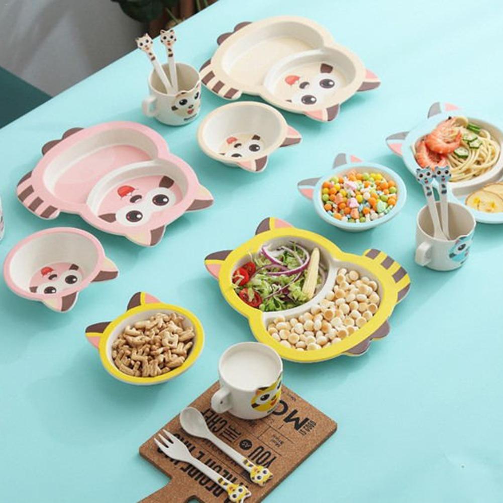5pcs/set Baby Dish Training Tableware Children Cute Cartoon Feeding Food Dishes Kids Dinnerware with Bowl Cup Spoon Fork Plate
