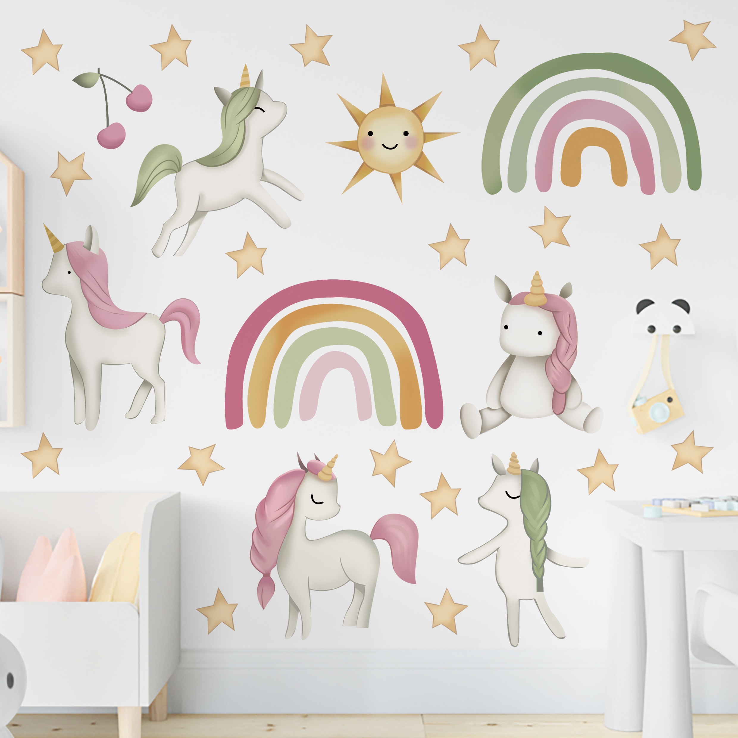 Cartoon Eenhoorn Muursticker Dromerige Cloud Sterren Regenboog Behang Home Decoratie Woonkamer Slaapkamer Muurtattoo Voor Kinderen