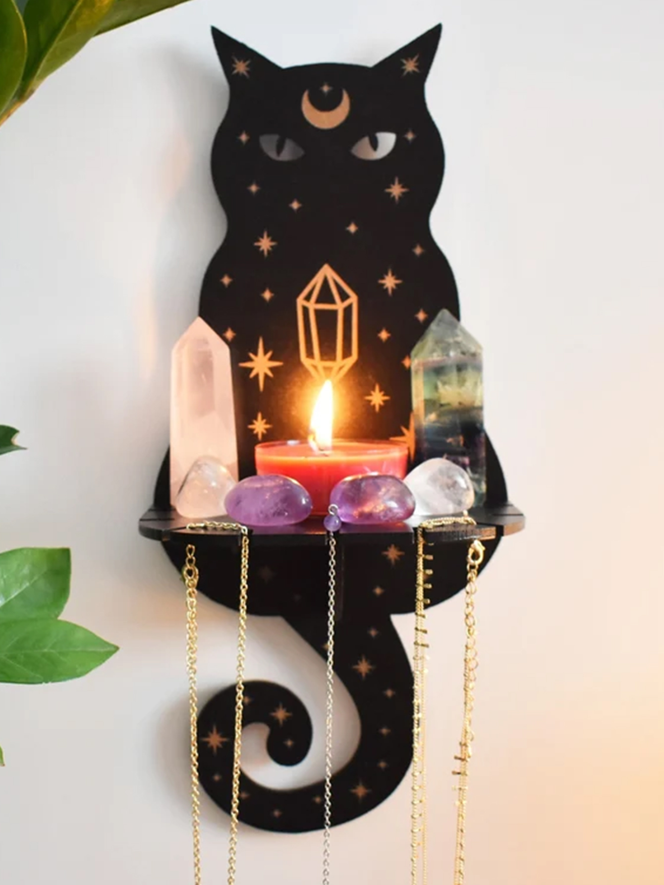 Black Cat Wooden Shelf Moon Phase Floating Shelf Chakra Crystal Holder Stone Display Stand Wall Decor Witchy Home Decorations: light green