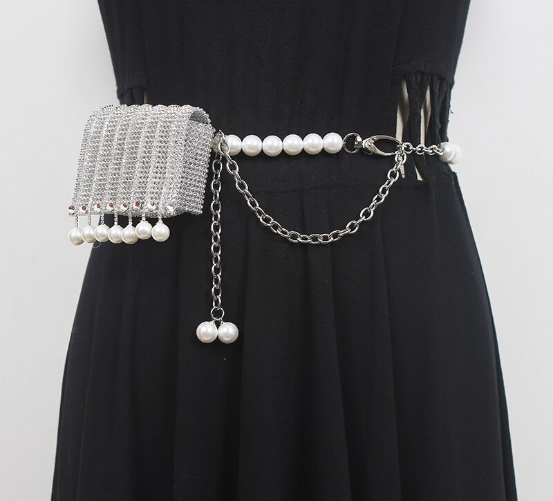 Silber Schwarz PVC Strass Taille Packungen Frauen Perle Kette Taille Gürtel Mit Münze Tasche Nette Mini Frauen Straße Perle Randbereich taille Tasche