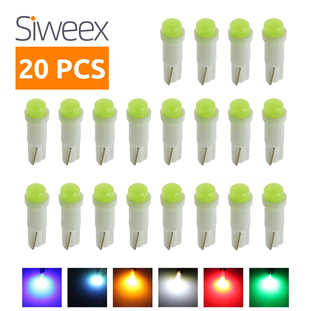 20 stk/parti  w1.2w fatning  t5 led 12v bil auto side kile instrumentbræt måler instrument lys lampe pære is blå rød grøn gul