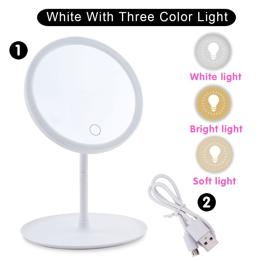 Makeup Mirror With LED Light Natural White Daylight Touch Screen Vanity Mirror Flexible Detachable Storage USB Cosmetics Mirror: White Three light
