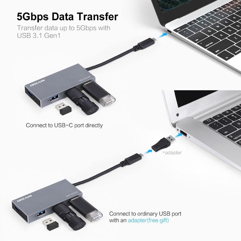 Disain type -c 4 -poorts hub met hoge snelheid usb 3.0 5 gbps 4-- poorts dockingstation usb-c-splitter