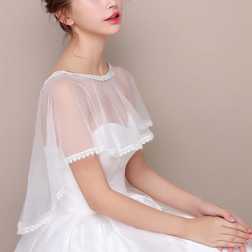 Cape de mariage en Tulle ivoire pour femme, châle, col rond, avec des appliques en dentelle, enveloppe formelle, pour bal de promo, soirée