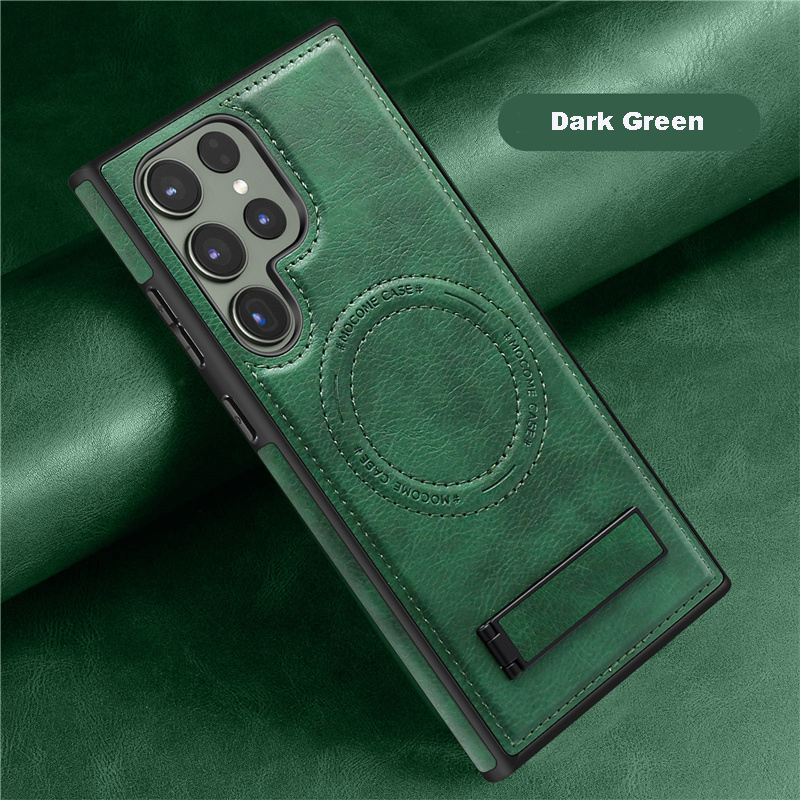 Coque de téléphone en cuir avec support de luxe, étui arrière de chargement sans fil Ultra magnétique pour Magsafe Samsung S22 S23 Plus S24 S25: Denim / Marron