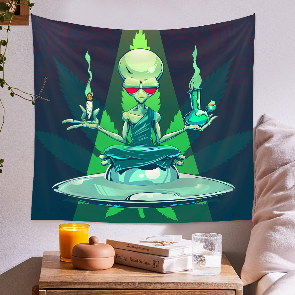 Alien Tapestry Psychedelic Green Leaves Hippie Wall Decor Room Decoration Wall Hanging Tapestries for Dorm Room Fantasy