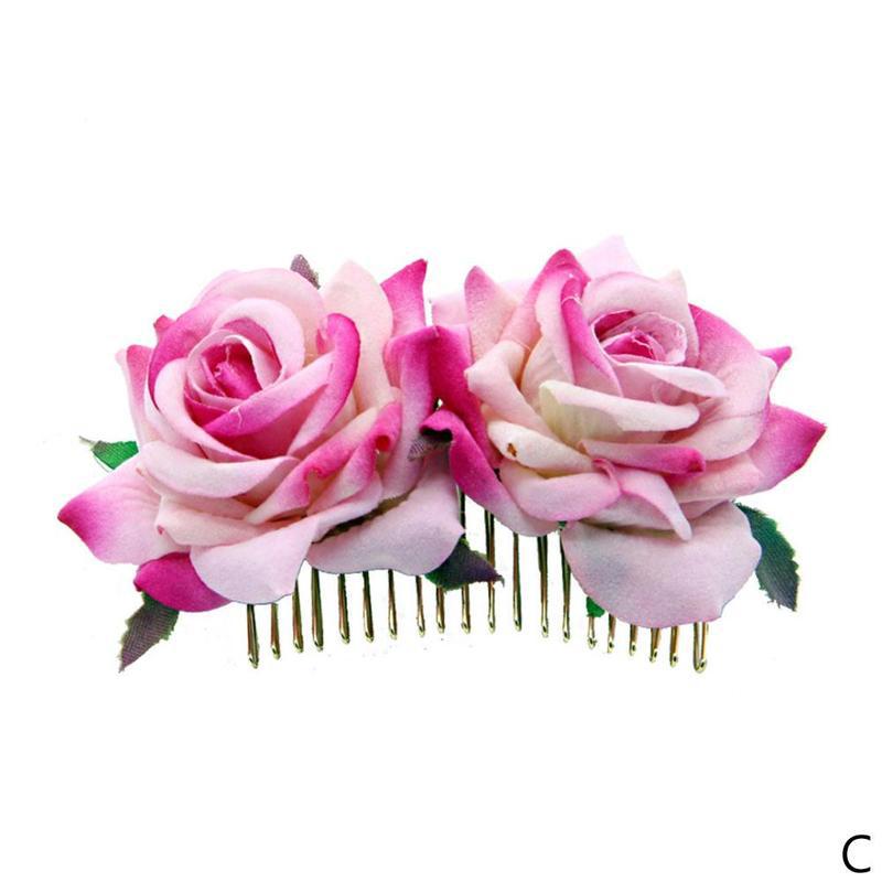 1 peine de pelo Artificial romántico de doble seda flor de Rosa para mujer, pinza de pelo blanca púrpura, tocado para baile de boda: Pink