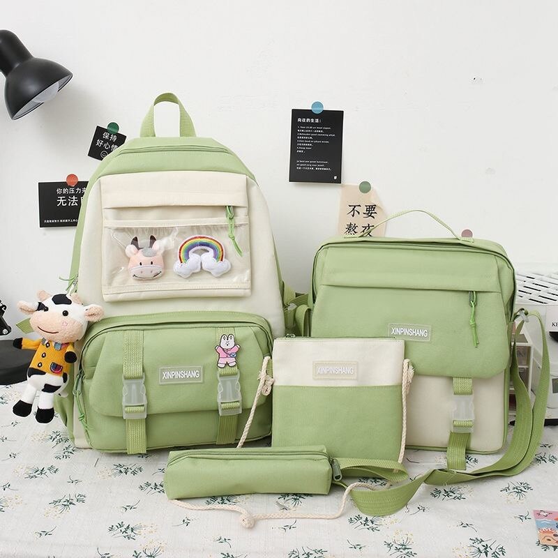 4 unids/set de lona mochilas para mujeres lindo bolsas para la Escuela de las niñas adolescentes bolsas los estudiantes mochilas para mujer mochila: Verde / Only backpack