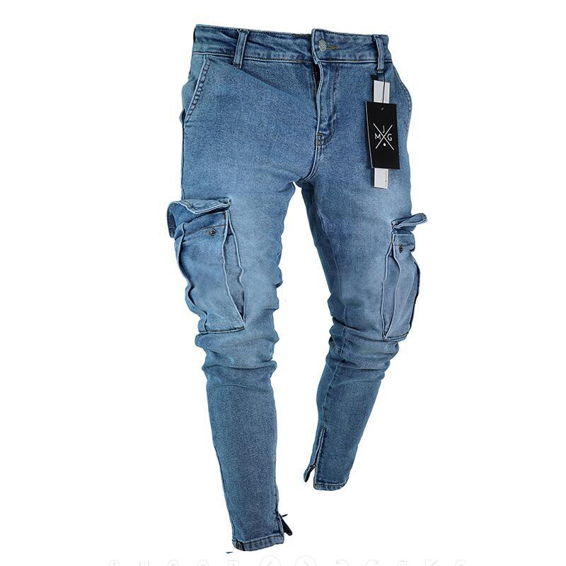 Hommes extensible maigre déchiré jean hommes poche latérale lavé mince Denim pantalon Biker jean pantalons de survêtement Hip Hop pantalon survêtement: XL / Beige