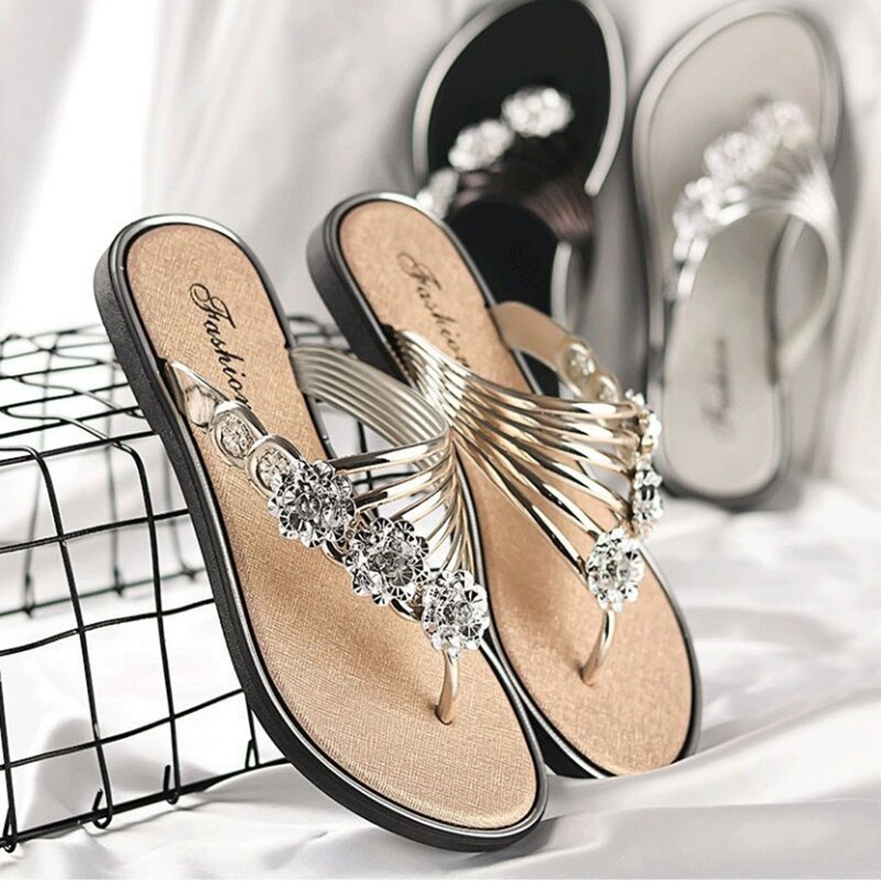Sandales de plage antidérapantes pour femmes, bout ouvert, argent, , décontractées, cristal doré, été, maison, G6049