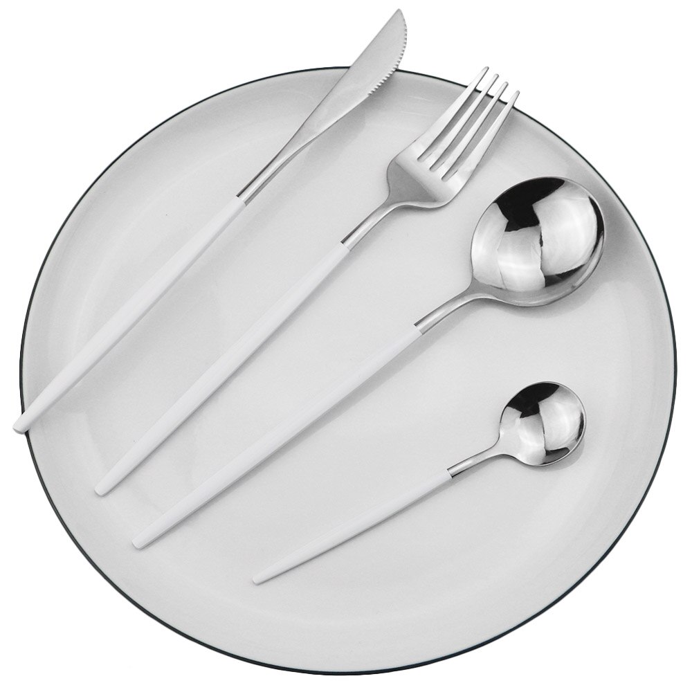 4Pcs/ Set 18/10 Stainless Steel Dinnerware Set Green Gold Flatware Cutlery Set Dinner Gold Knife Fork Spoon Silverware Set: White  Silver