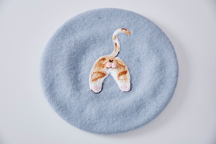 Gorro boina de pintor de fieltro de lana para otoño e invierno, gorro de gato con bolas de mano suave para niña bonita y divertida: Blue-gray