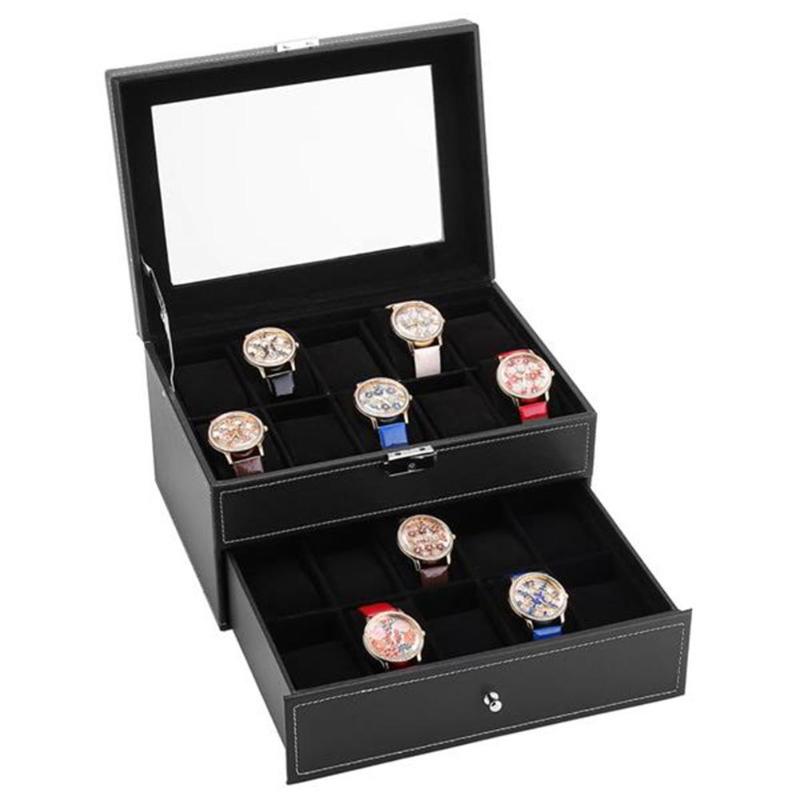 Watch Box 20 Mens Case Glass Top Display Organizer Lockable Black Home Storage ANd Organization