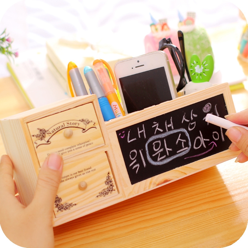 Portalápices de madera con pizarra, bonito portalápices de escritorio, organizador de escritorio Kawaii, portalápices, accesorios creativos de oficina