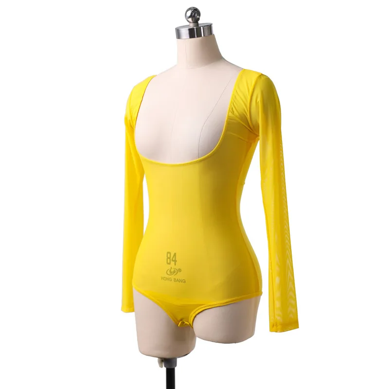 Dames lange mouw doorzichtige mesh pure crop top blouse shirt pull-on bodycon tee danser basiskleding sexy transparant naakt rood: meer blauw