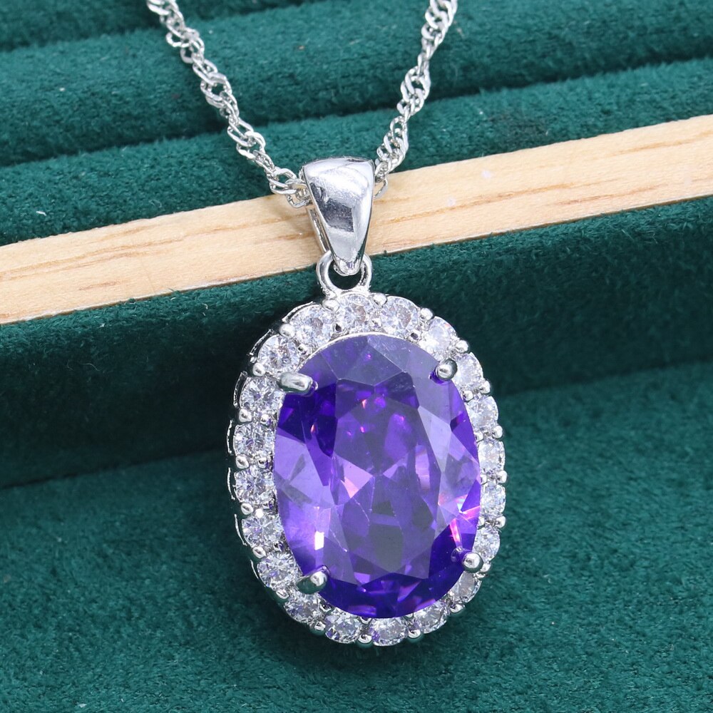 Bruid 925 Zilveren Hanger Ketting Voor Vrouwen Christmas Wedding Sieraden Luxe Geel Paars Groen Halfedelstenen: Purple