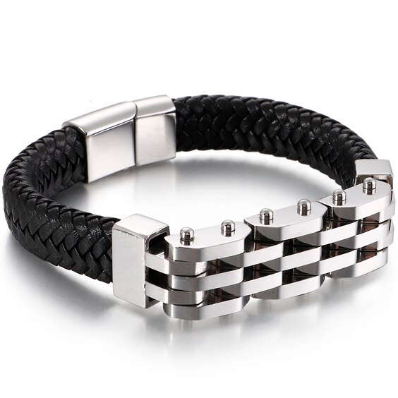 Vintage Handgemaakte Mannen Lederen Armband Voor Mannen Rvs Heren Armbanden Biker Sieraden Gratis Logo Naam Graveren Maken: Silver Color