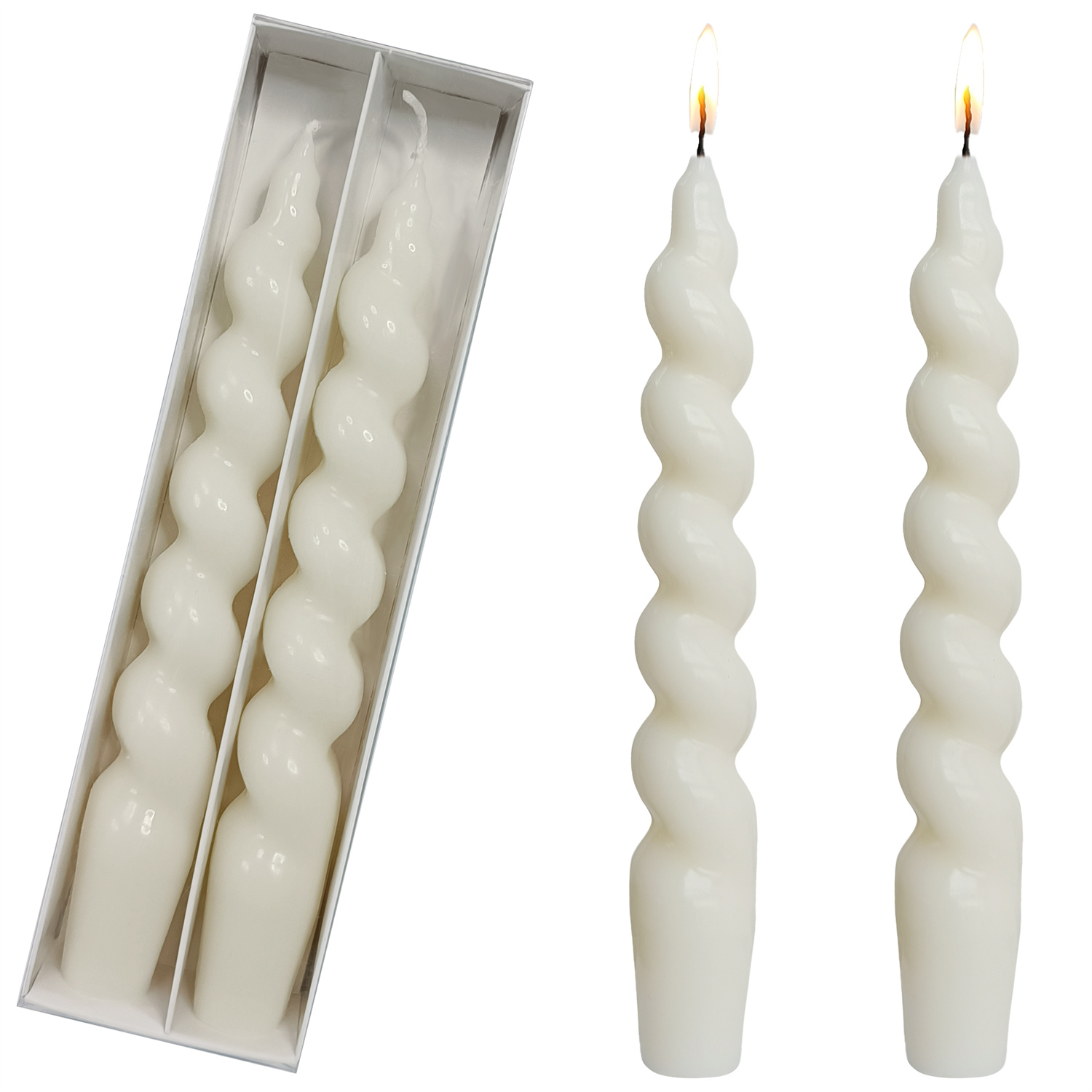 Set of 2 Spiral Taper Dinner Candles Unscented Twisted Candlesticks for Home Decor: WHITE