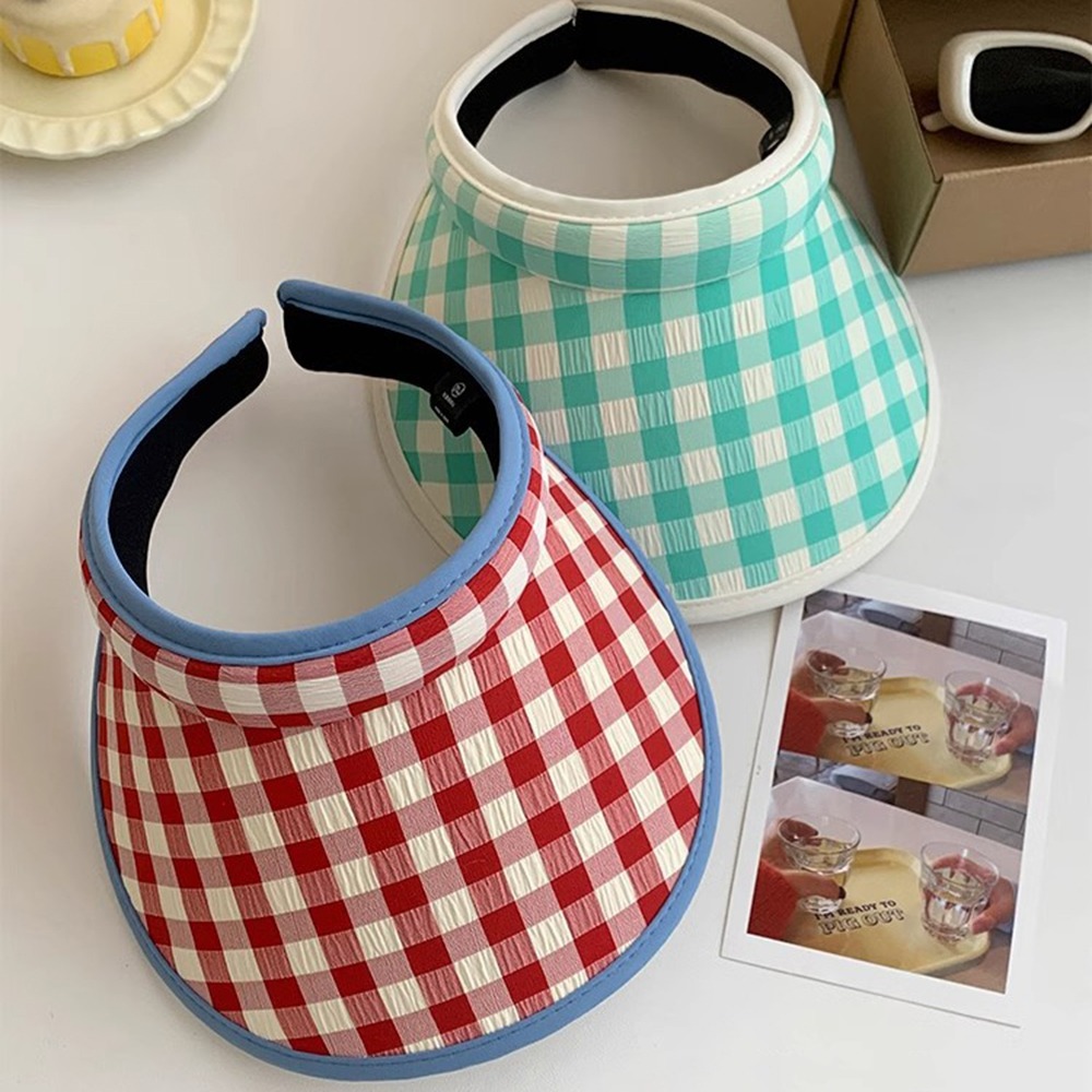 Plaid Print Large Brim Sun Hat Hair Hoop Style Pastoral Style Summer Empty Top Cap Breathable Anti-UV Sun Protection Hats Girl