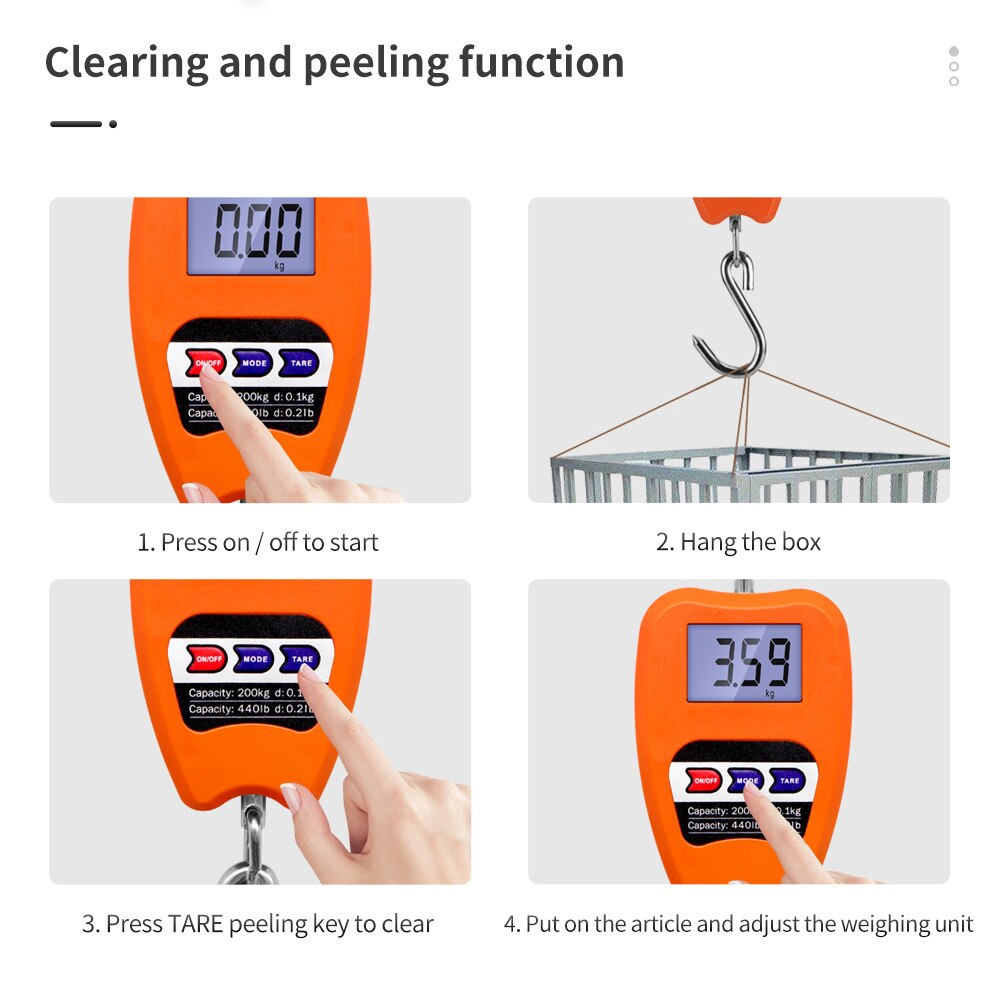 Crane Lifting Scale 200kg/50g Portable Digital Stainless Steel Gram Electric Heavy Duty Steelyard Hook Scale,Kitchen Weight Tool