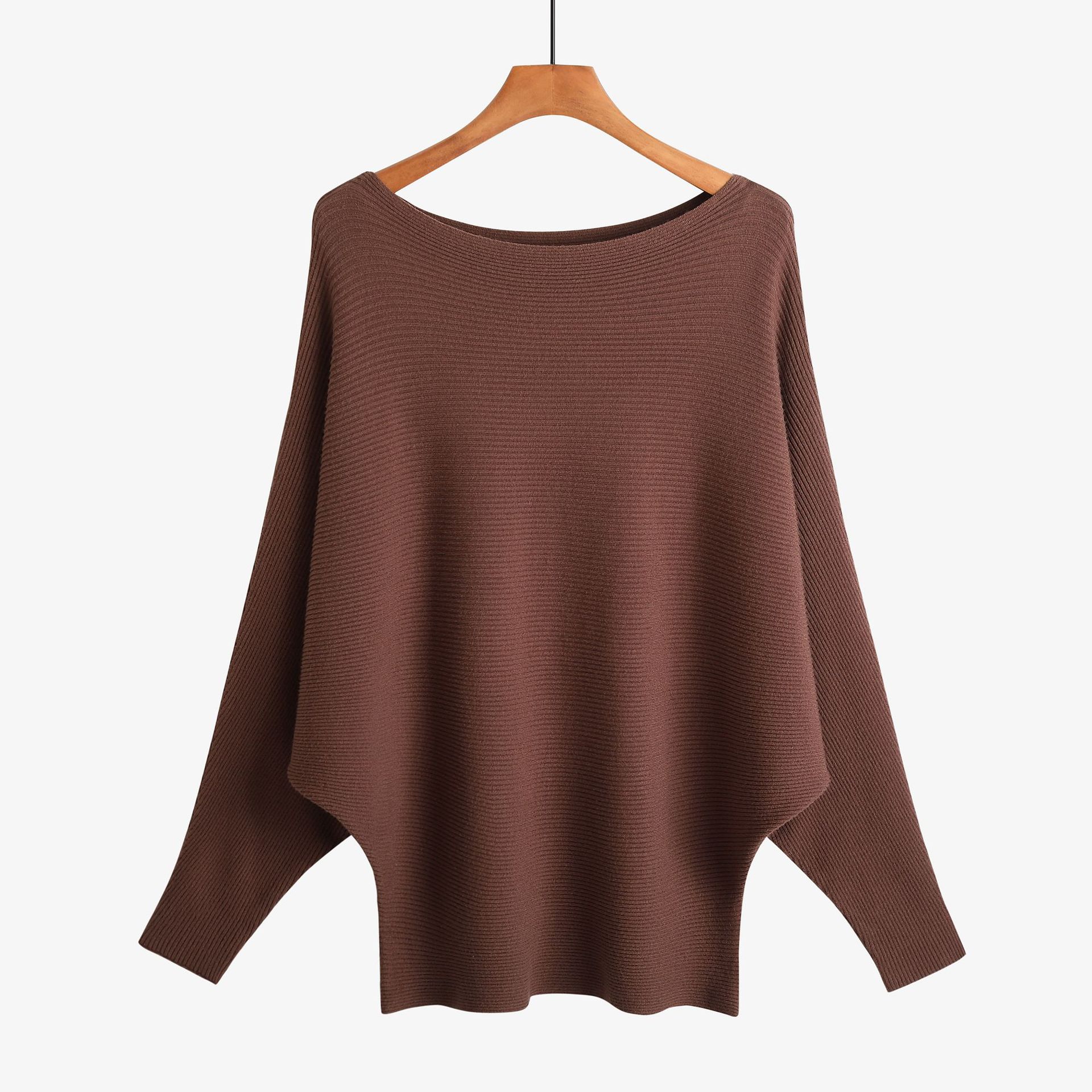 18 kvinder flagermusærmer vinter efterår strikvarer løs fint garn pullover strik strikket skrå hals blød sweater: Brun