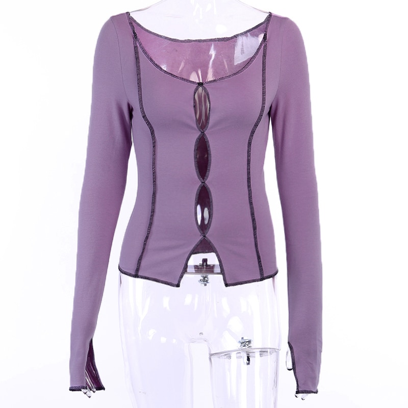 Wannathis roxo superior das mulheres manga longa camisas superiores 2020 oco para fora fenda hem outono streetwear magro algodão senhoras casual retalhos