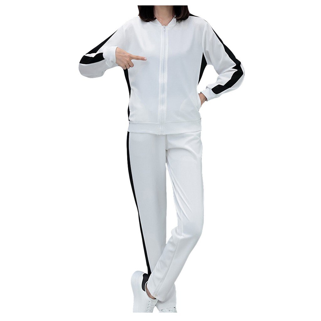 Traje casual de mujer ropa deportiva de manga larga dividida conjunto de 2 piezas pantalones largos traje de chándal Casual de mujer ropa deportiva # D: L / Blanco