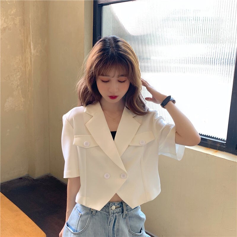 Zomer Korte Mouw Onregelmatige Zwarte Blazers Vrouwen Modieuze Ulzzang Office Lady Double Breasted Crop Tops Losse Uitloper Suits: WHITE / Xl