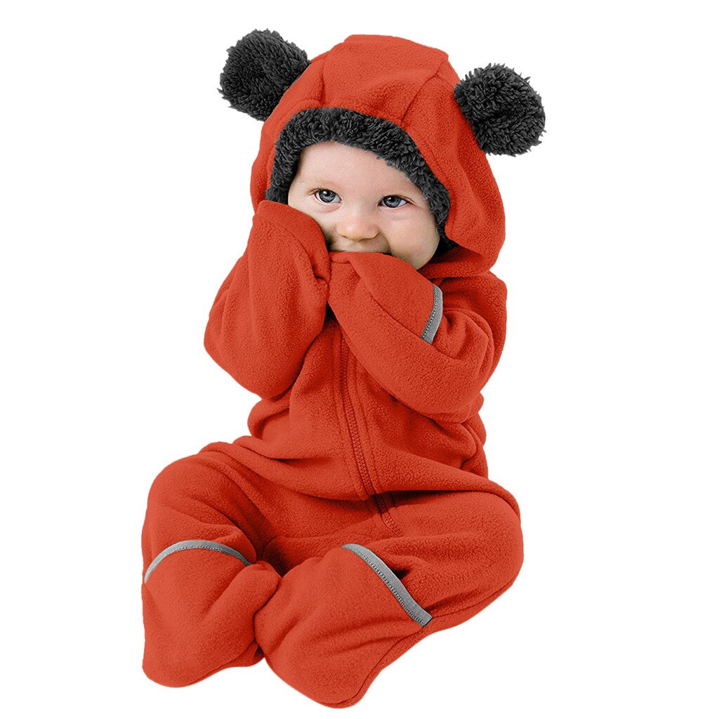 Baby Jumpsuit Romper Baby Baby Meisjes Jongens Solid Cartoon Fleece Oren Hoodie Romper Kleding Jumpsuit: Orange / 0-3 Months