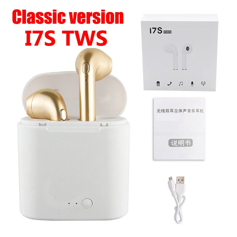 Wpaier-auriculares I7S TWS con Bluetooth, auriculares inalámbricos portátiles con cargador, auriculares universales I7 mini: I7S TWS GOLD