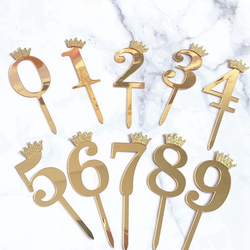 0-9 Numbers Cake Toppers Happy Birthday Cute Crown Number Cake Flag Acrylic Cupcake Topper Birthday Party Cake Decoration Topper