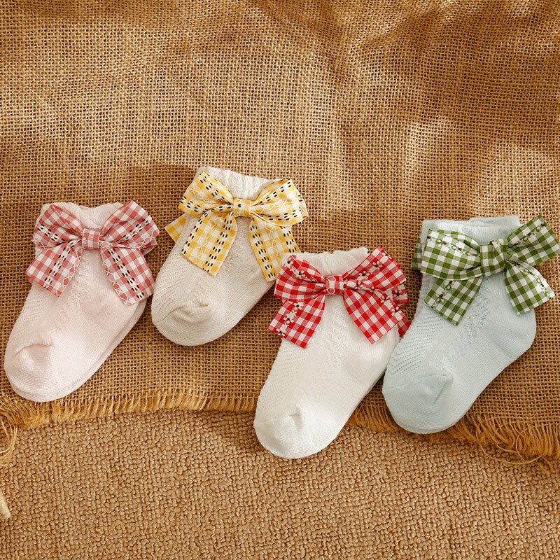 Adorável bebê meninas meias de algodão bebê recém-nascido primavera verão arco meias para a criança meninas macio respirável tornozelo meia