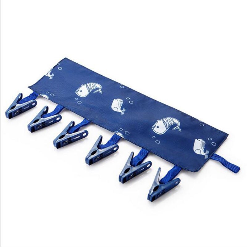 Multifunktionel bærbar kludbøjle tørrestativ foldbart badeværelsesstativ rejsetørresnor 6 klip bøjle håndklæde sokker bøjleclips: Marine blå