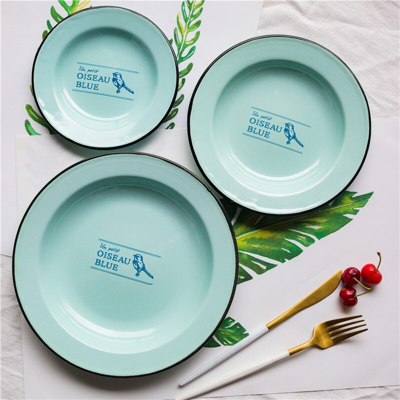 (3 pieces/set)Enamel Dinner Plates Dishes Plate Set Bird Pattern