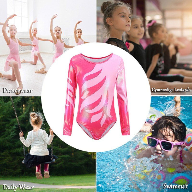 Kids Ballet Pink Gradient Long Sleeve Girls Gymnastics Girls Shiny Dance Performance Ballet Leotards