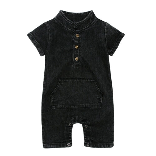 Kid Baby Boy Girl Summer Denim Short Sleeves Romper Jumpsuit Short Sunsuit Denim Casual Clothing: Black / 6M