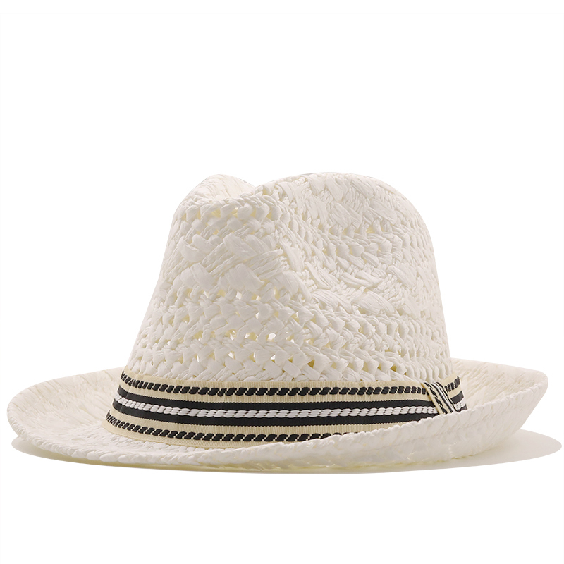 Chapeau de soleil décontracté pour femme et enfant, style Jazz, en paille, pour homme et femme, idéal pour la plage, été: Child 50-52cm / white