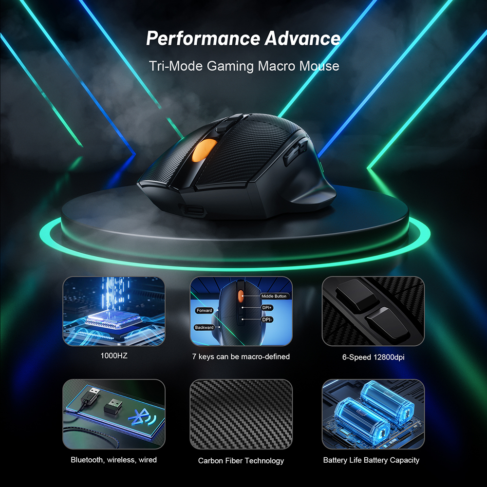 Chatreey Gaming Mouse 12800DPI 1000Hz BT/2.4G/ Wired 7 Buttons Macro Mouse for E-sports Ergonomic RGB Backlit