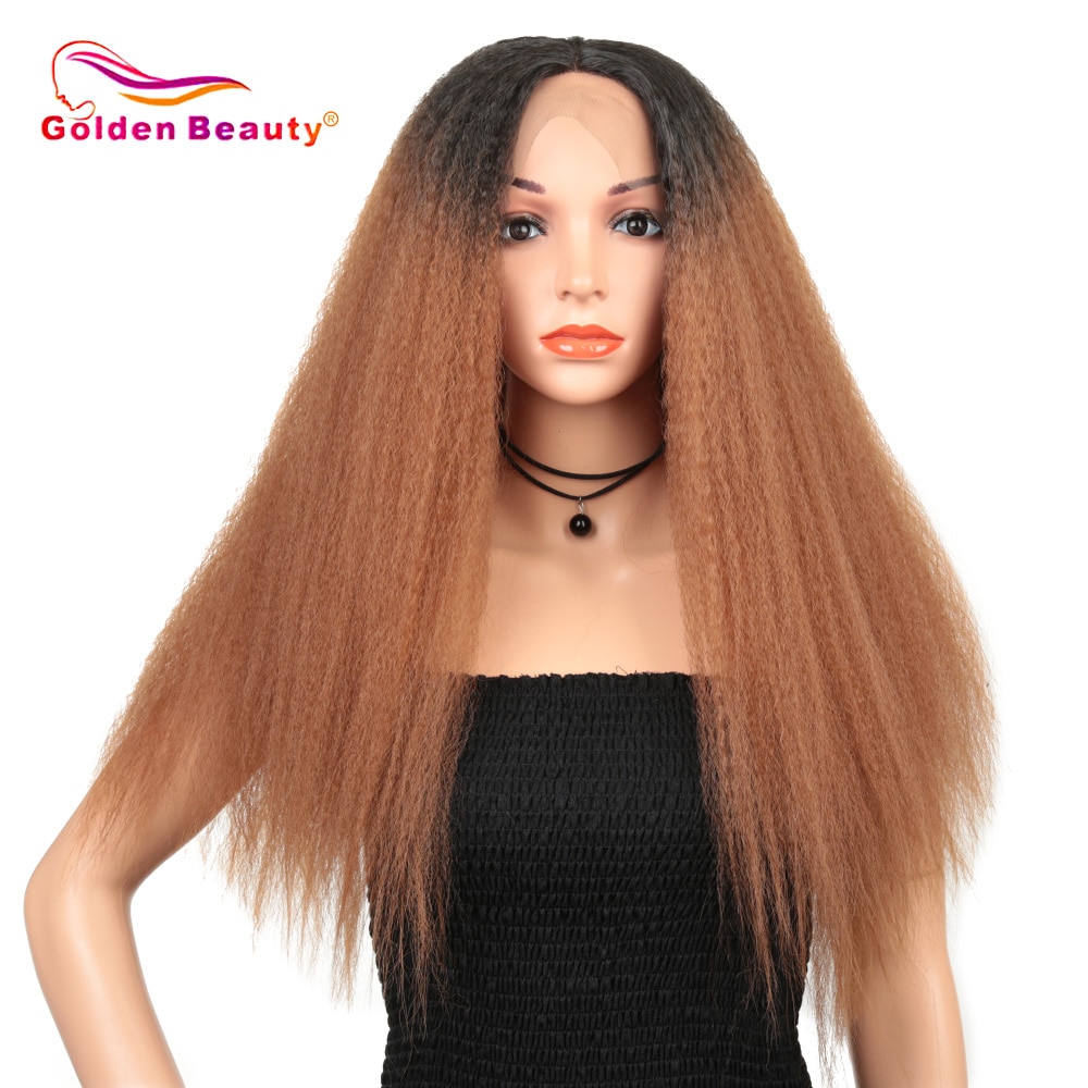 Golden Beauty Afro Kinky Straight Synthetische Lace Front Pruik Voor Zwarte Vrouwen Natuur Hoge Slip Materiaal
