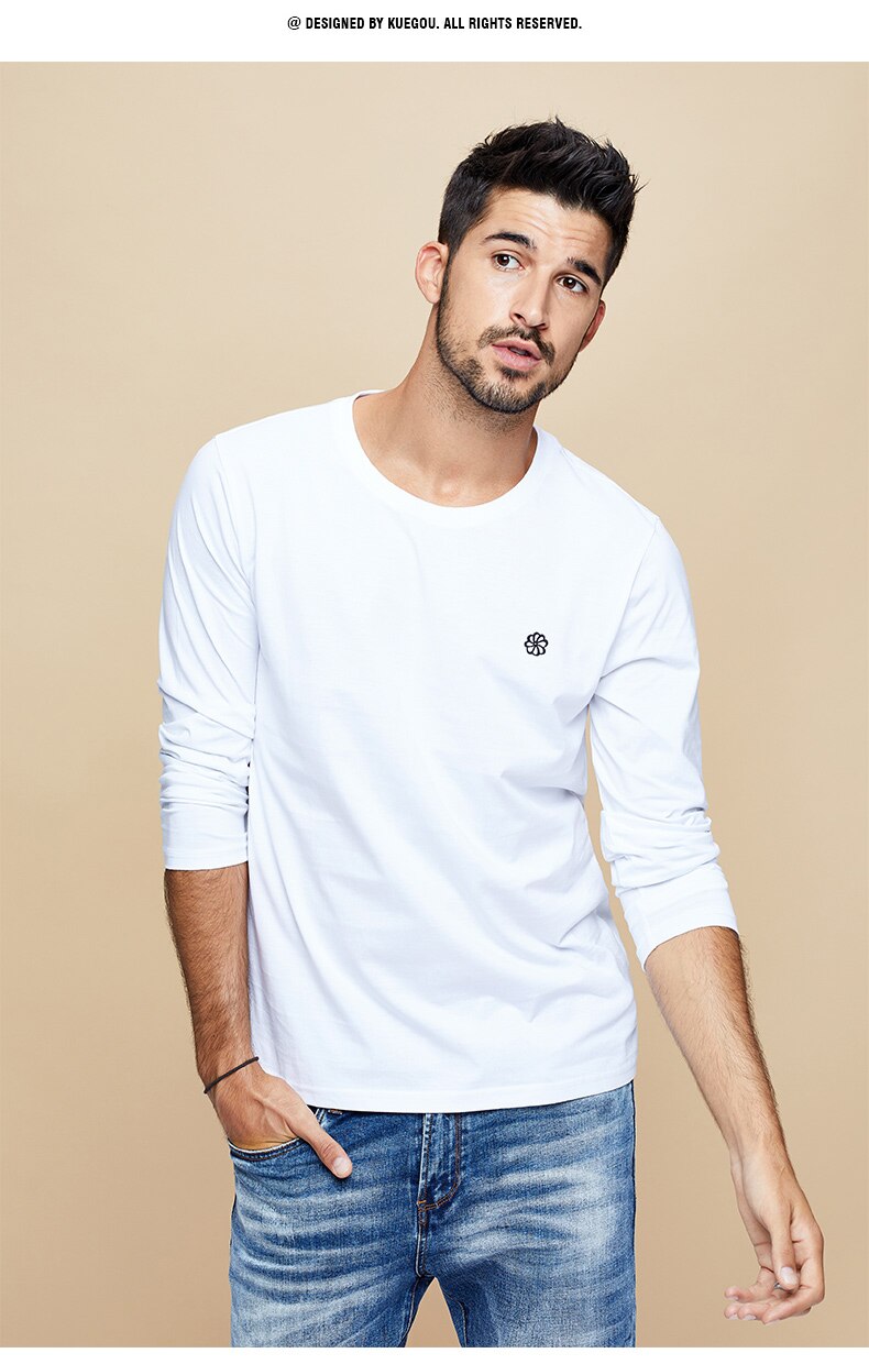 KUEGOU 100% baumwolle männer T-Shirt lange hülse herbst vertraglich stickerei übertragen unliniertes oberes kleid oben Plus größe ZT-496