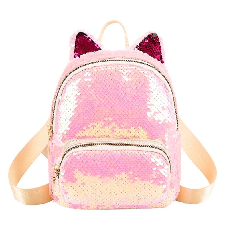 Mochila de lentejuelas con orejas de gato para chicas, bolso escolar de viaje, con cremallera: rose red