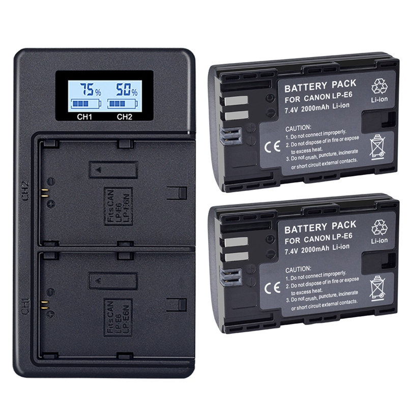 2X Lp-E6 E6N Battery 2000Mah + Lcd Dual Charger for Cannon Eo-aes 5Ds R 5D Mark Ii 5D Mark Iii 6D 7D 80D Eo-aes 5Ds R Camera: Default Title