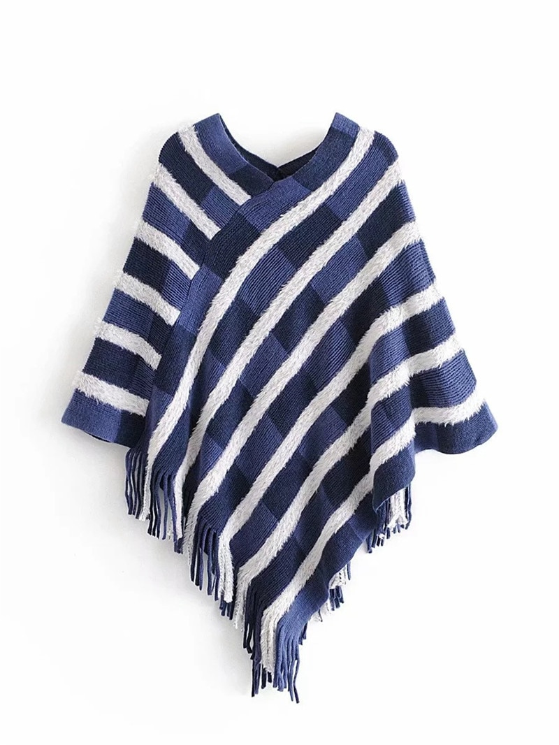 Artguy Eurpean Stijl vrouwen Gestreepte Kwastje Cape Sjaal Trui Vrouwelijke Mode Batwing Mouw Truien Truien Winter Tops: Blauw