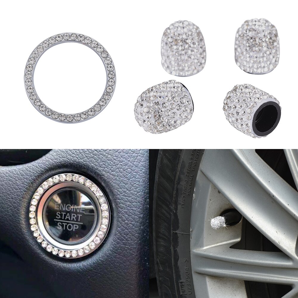 Auto Startknop Ontsteking Ring Met 4 Stuks Autoband Ventieldopjes Bling Crystal Rhinestone Decor Voor Auto Interieur