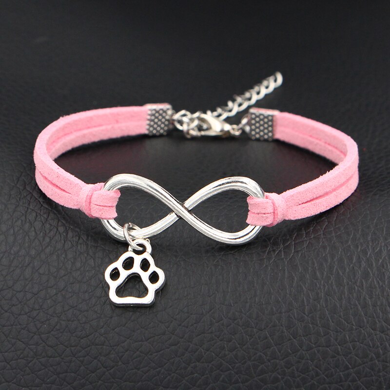 Cute Mini Dog Paw Prints Charms Bracelet Antique Silver Color Love Infinity Leather Bracelets For Women Jewelry: Pink
