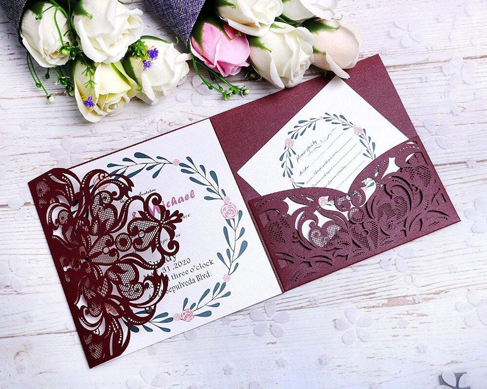 PONATIA 3 Folds Invitation Cards for Wedding Birthday Engagement Greeting Invitations Cards+ Free RSVP Cards (Burgundy )